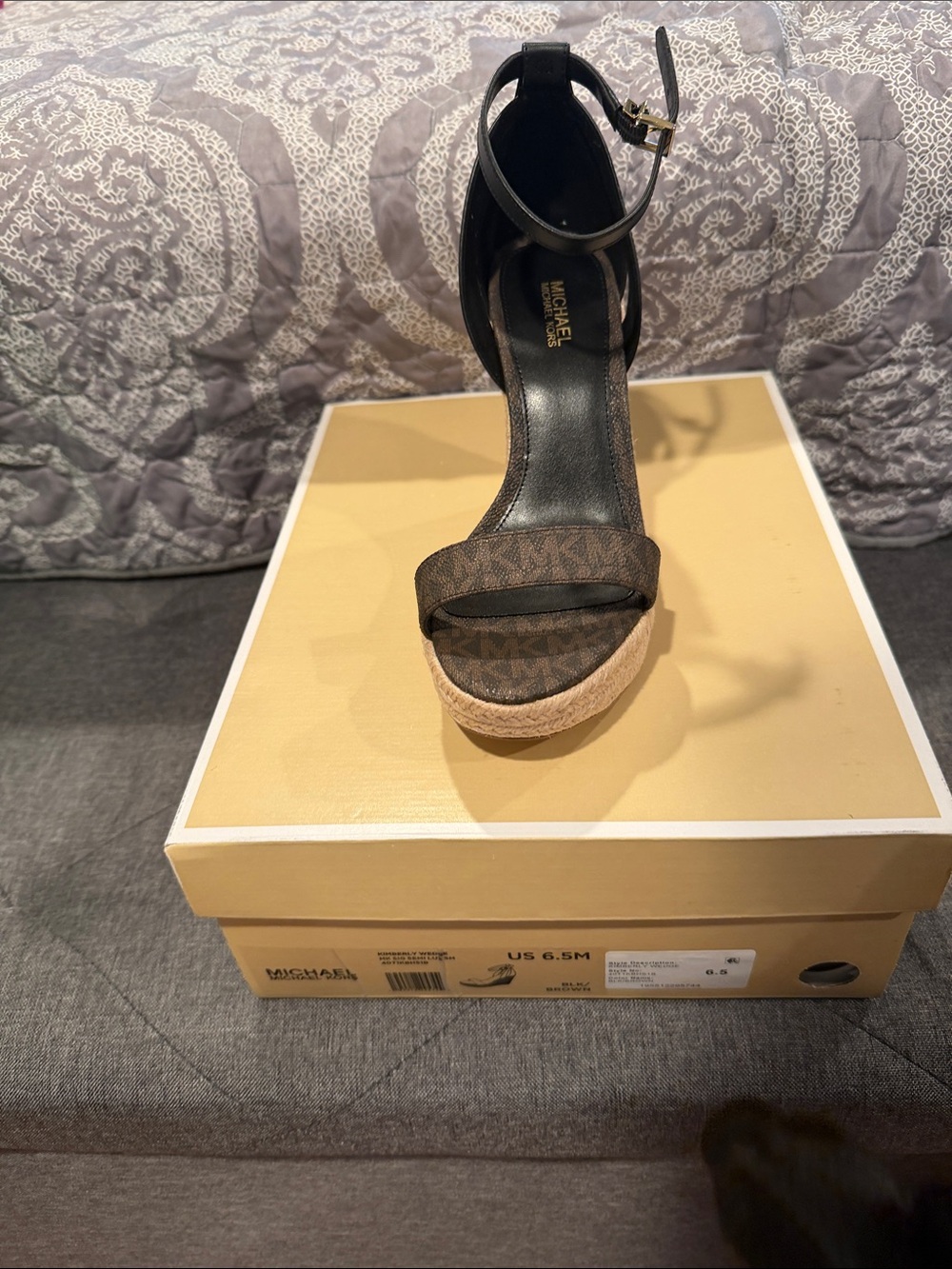 Michael Kors Black and Brown Logo Espadrille Wedge Sandal